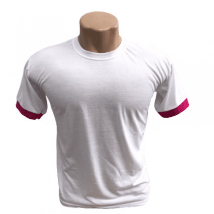 Camiseta Poliéster Branca c/ detalhe na manga rosa - LINHA PREMIUM