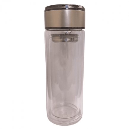 Garrafa de Vidro Parede Dupla p/ Sublimação com Infusor de chá Inox e Tampa Dourada Pérola - 300ml