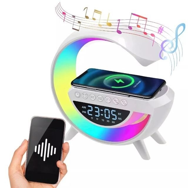 Carregador Indução G Speaker Relógio Som Bluetooth Luminária