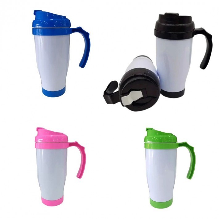 Caneca alumínio branca - alça e tampa colorida semi-térmica 500ml