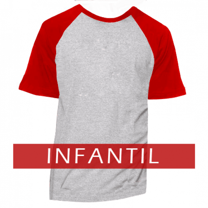 Camiseta RAGLAN Infantil Cinza Mescla - MANGA E GOLA VERMELHA
